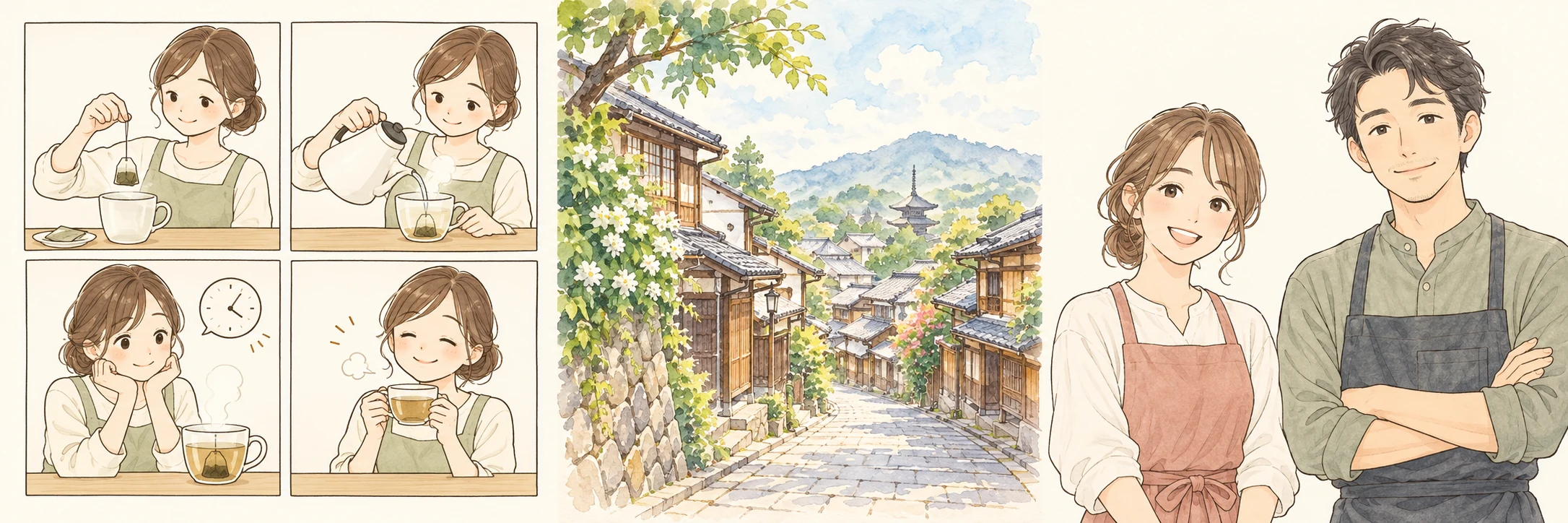 4コマ漫画、風景画、人物イラストの活用イメージ